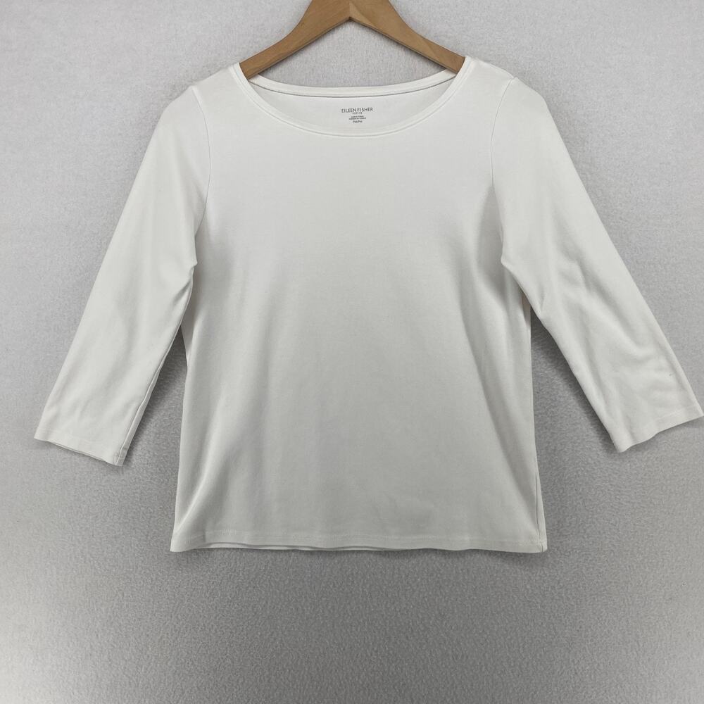 EILEEN FISHER Top PM Organic Cotton Interlock Jersey Boat Neck Long Sleeve White